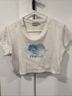 Fiorucci White Cropped Tee with Blue Cherub Print